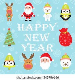 New Year 2016. Christmas elements with Santa Claus, Penguin, White Bear, Reindeer, Gift box and Christmas tree. Vector image. 