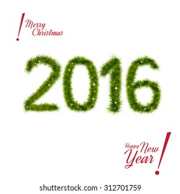 New Year 2016 of christmas tree branches isolated on white  in shape of number 2016. Vector design element for new year's day, christmas, winter holiday, new year. vector illustration