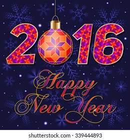 New Year 2016 composition with Christmas ball and dark blue background of snowflakes