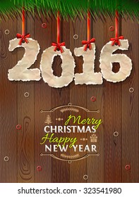 New Year 2016 of crumpled paper against wood background. Paper numbers with torn edge on ribbon. Vector illustration