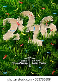 New Year 2016 of crumpled paper between pine twigs. Paper year numbers is strewn with confetti on christmas tree. Vector image