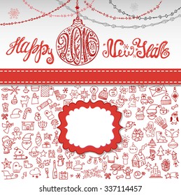 New year 2016 design template,card.Christmas balls,Doodle icons ornament,Garland,label.Handwriting lettering.Different decorative elements.Winter holiday.Hand drawing flat sketch.Linear Vector.Vintage