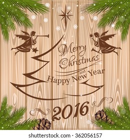 New Year 2016. Festive background for Christmas, New Year and Epiphany. Angels around the Christmas tree. Vector illustration.