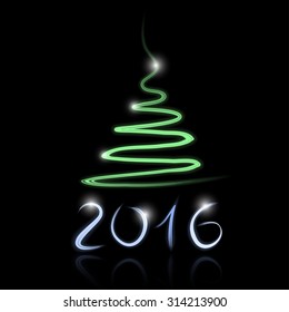 New year ( 2016 ) greeting card in light painting style, drawn green and blue on black, in vector