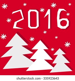 New year 2016. Greeting card. Pattern with Christmas trees and falling snowflakes on a red background. For Web, Websites, Print, Mobile Applications And Promotional Materials. Vector  illustration