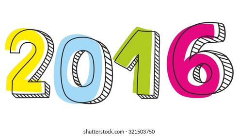 New Year 2016 hand drawn pastel vector sign isolated on white background