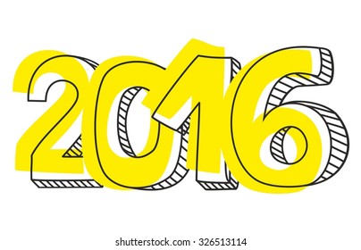 New Year 2016 hand drawn yellow vector sign isolated on white background