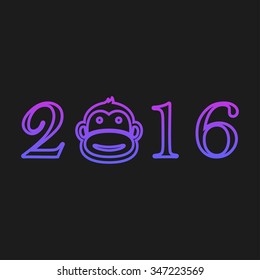 New year 2016 with head monkey on a black background