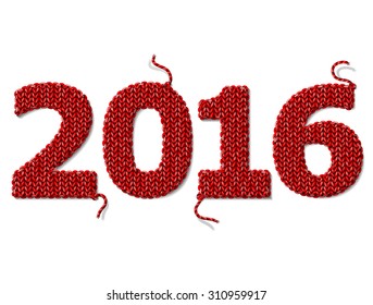 New Year 2016 of knitted fabric isolated on white background. Crocheted fragments in shape of number 2016. Vector image