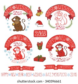 New year 2016 Labels with Monkey.Doodle decoration, ribbons,fir branches,lettering,snowflake.Vintage holiday symbols,decor.Xmas design.Hand drawing vector.Christmas seasons.Chinese horoscope