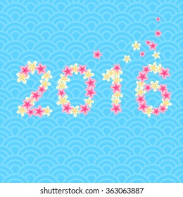 New year 2016 lettering. Greeting card. Blue wave background. East asian, chinese, japanese style. Frangipani, plumeria flowers.