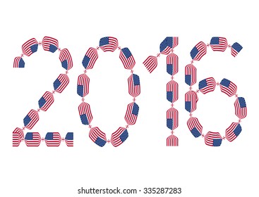 New Year 2016 made from USA flags in form of candies on white background