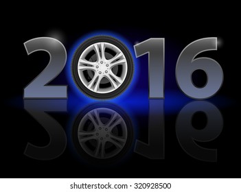 New Year 2016: metal numerals with car wheel instead of zero having weak reflection
