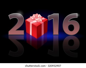 New Year 2016: metal numerals with gift box instead of zero having weak reflection