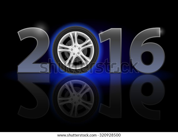New Year 2016: metal numerals with car\
wheel instead of zero having weak\
reflection