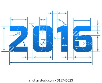 New Year 2016 number with dimension lines. Element of blueprint drawing in shape of 2016 year. Vector image