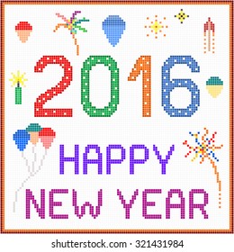 New year 2016 pixel message - 2016 New year message with balloons and fireworks. Square pixels of various colors have been used.