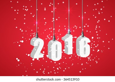 New year 2016 red banner with white hanging numbers. Christmas card, shopping offer, card banner, header. Advertisement sign on hanger with 2016 inscription and snow.
