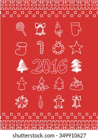 New year 2016. Set icons hand drawing elements.