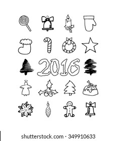 New year 2016. Set icons hand drawing elements.