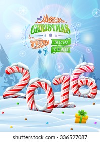 New Year 2016 in shape of candy stick in snow. Winter landscape with lollipops, gift box and congratulation. Vector image