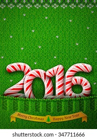 New Year 2016 in shape of candy stick in knitted pocket. Sweater fragment with year number as holiday candies. Vector illustration