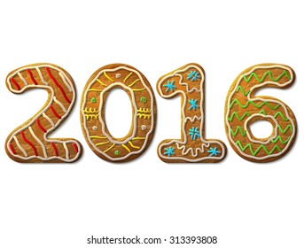 New Year 2016 in shape of gingerbread isolated on white. Year number as cookies. Vector image