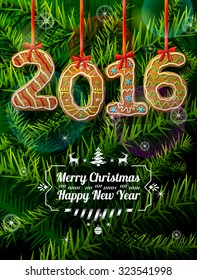 New Year 2016 in shape of gingerbread against pine branches. Year number like cookies on ribbon. Vector image