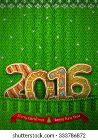 New Year 2016 in shape of gingerbreads in knitted pocket. Jumper fragment with year number like cookies. Vector image