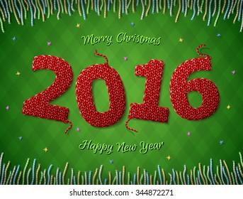 New Year 2016 in shape of knitted fabric on checkered background. Christmas wishes surrounded by colored threads. Vector image