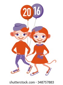 New Year 2016 -  skating monkey-boy & monkey-girl on the transparent background