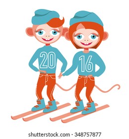 New Year 2016 -  skiing monkey-boy & monkey-girl on the transparent background