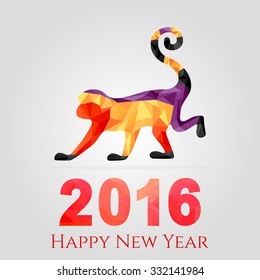 New Year 2016, symbol of red monkey made from triangles on the silver background. Christmas background, triangle pattern. Festive icon, character design, xmas label, banner, greeting card. Vector