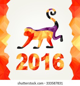 New Year 2016, symbol of red monkey made from triangles on the geometric background. Christmas party, triangle pattern. Festive icon, character design, banner, greeting card, brochure, cover. Vector