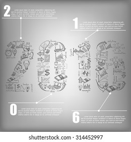 New Year 2016 Text Design with Creative Doodle business, technology and strategy planning icon Idea, Vector Illustration EPS 10.