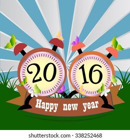 New year 2016 text design with clock on orange background.