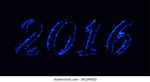 New year 2016 text design of blue lights on dark background