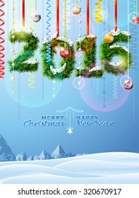 New Year 2016 of twigs like christmas decoration. Winter landscape with holiday congratulation. Vector illustration