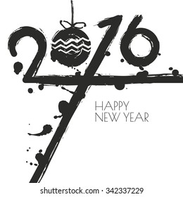 New Year 2016 vector greeting card with watercolor background. Black and white grunge illustration. Hand painted abstract holiday card. Trendy design, concept for banner, poster, flyer design.
