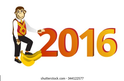 New Year 2016 Vector Illustration. New Year 2016 Monkey Card. Monkey Drawing. Monkey and Banana. Monkey JPEG. Monkey EPS. 
New Year 2016 Vector Greeting Card. Monkey and Banana Vector Illustration
