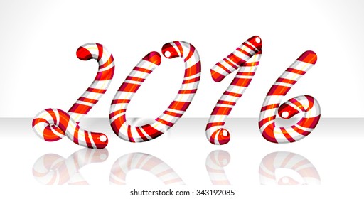 New Year 2016. Vector year number 2016 striped in Christmas colours as volume striped holiday candies isolated on white background