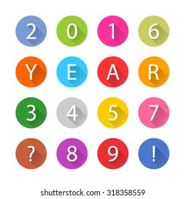 Texto del título blanco de Año Nuevo 2016. Figuras 1, 2, 3, 4, 5, 6, 7, 8, 9, 0. Icono plano azul, marrón, cobalto, gris, verde, índigo, magenta, naranja, rosa, violeta, rojo, violeta, amarillo. Pasos vectoriales