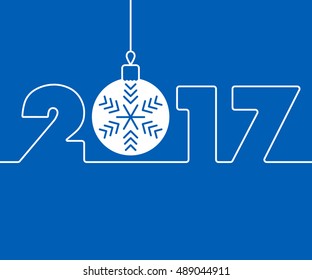 New Year 2017 background. Calendar design typography vector illustration. Outline style number with christmas ball and snowflake. Greeting card design.