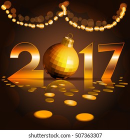 New Year 2017. Background with reflection,garland and Christmas ball
