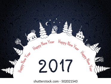 New year 2017 background with white silhouettes of winter countryside landscape: firs, trees, houses, bushes, snowdrifts, moon and stars. Vector illustration.