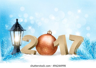 New Year 2017 background with winter nature and a lamp. Vector.