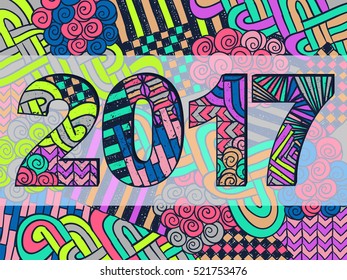 New year 2017 background. Zentangle holiday wallpaper. 2017 Happy New Year poster. Christmas vector illustration for web design, trendy printed products, calendars, invitations and greeting cards.