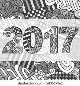 New year 2017 background. Zentangle winder holidays poster. Grunge vector illustration for web design, printed products, calendars, invitations and greeting cards.