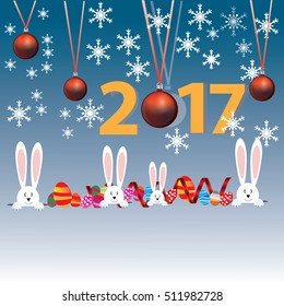 New Year 2017 banner with Christmas balls,White easter rabbit. Easter Bunny