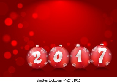 New Year 2017 card with christmas balls and red blurred bokeh background. Vector illustration.